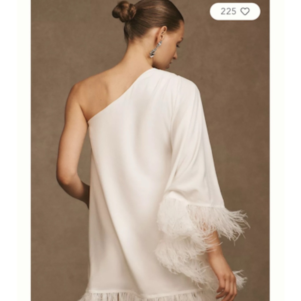 Anthropologie Cream One-Shoulder Dress with Feather Trim - Picture 2 of 6